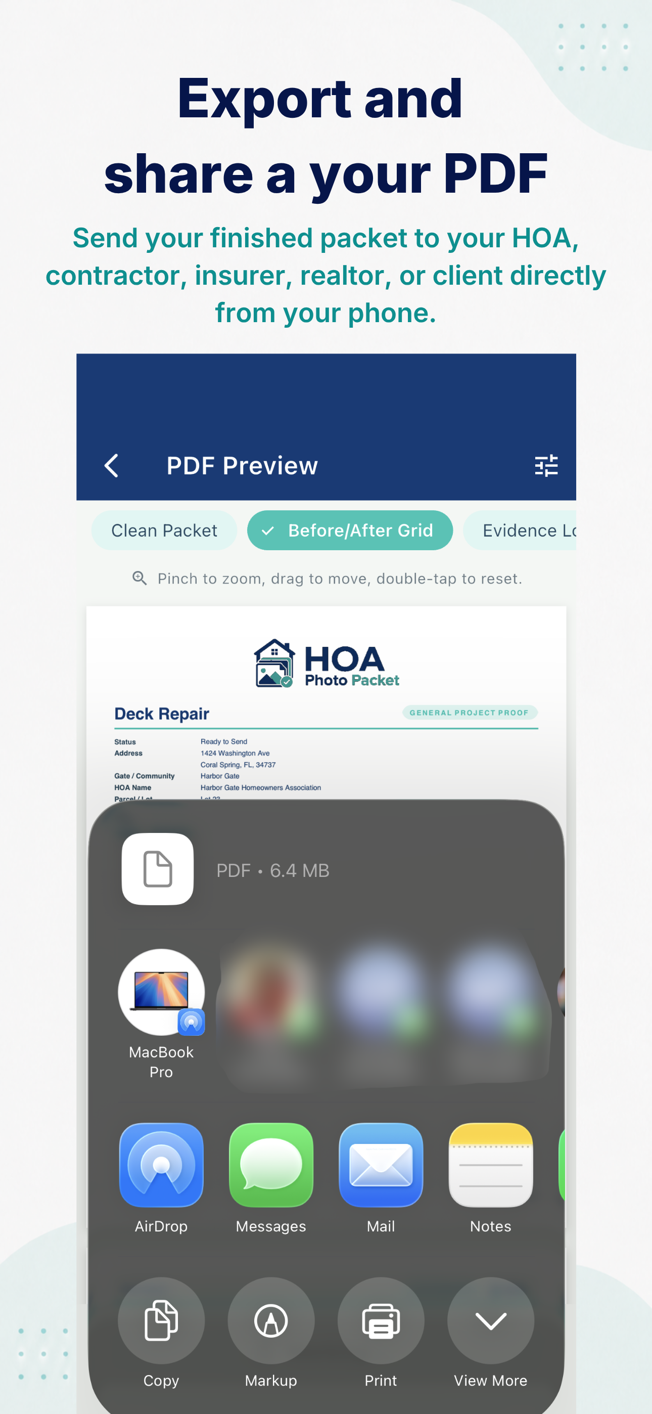 Share HOA photo packet PDF from the phone share sheet