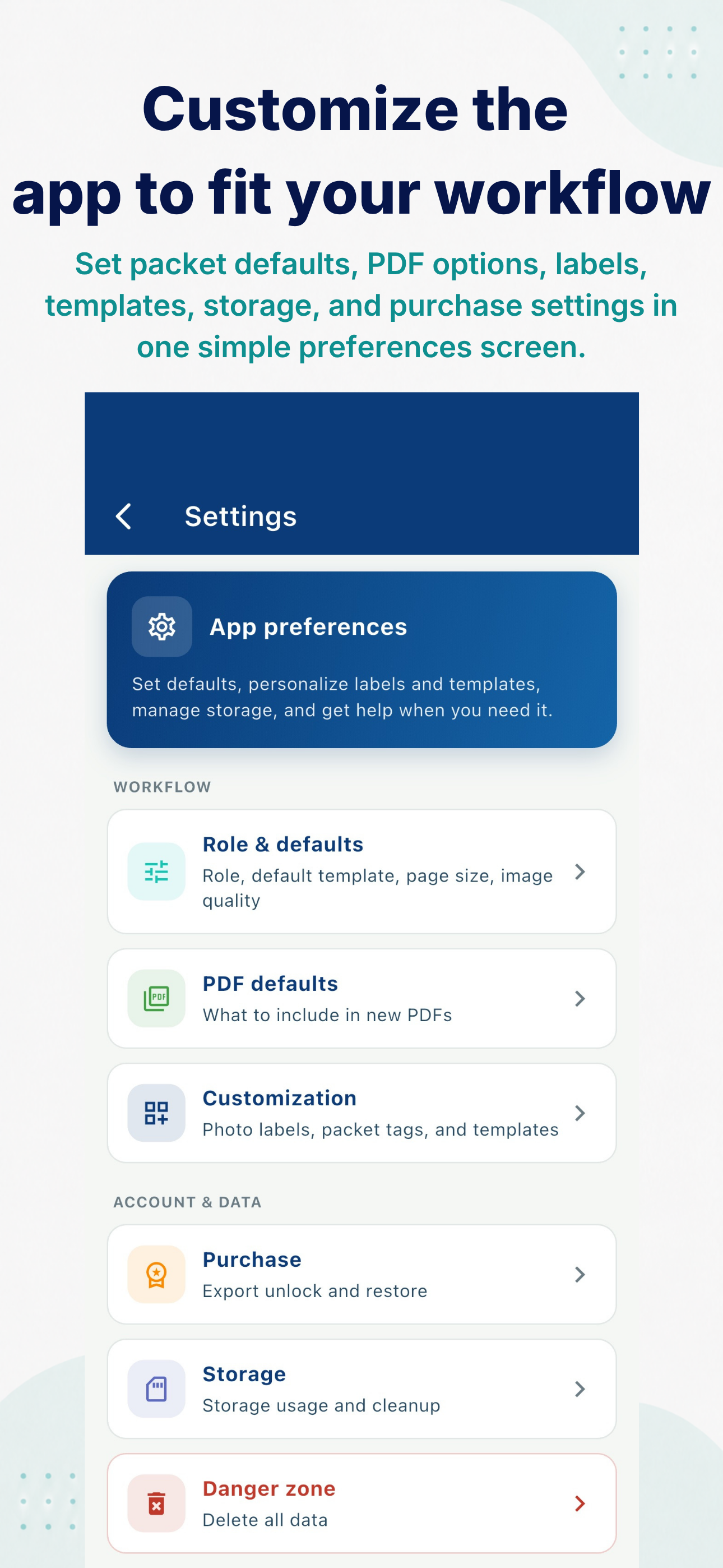 PDF packet settings for labels, templates, and storage