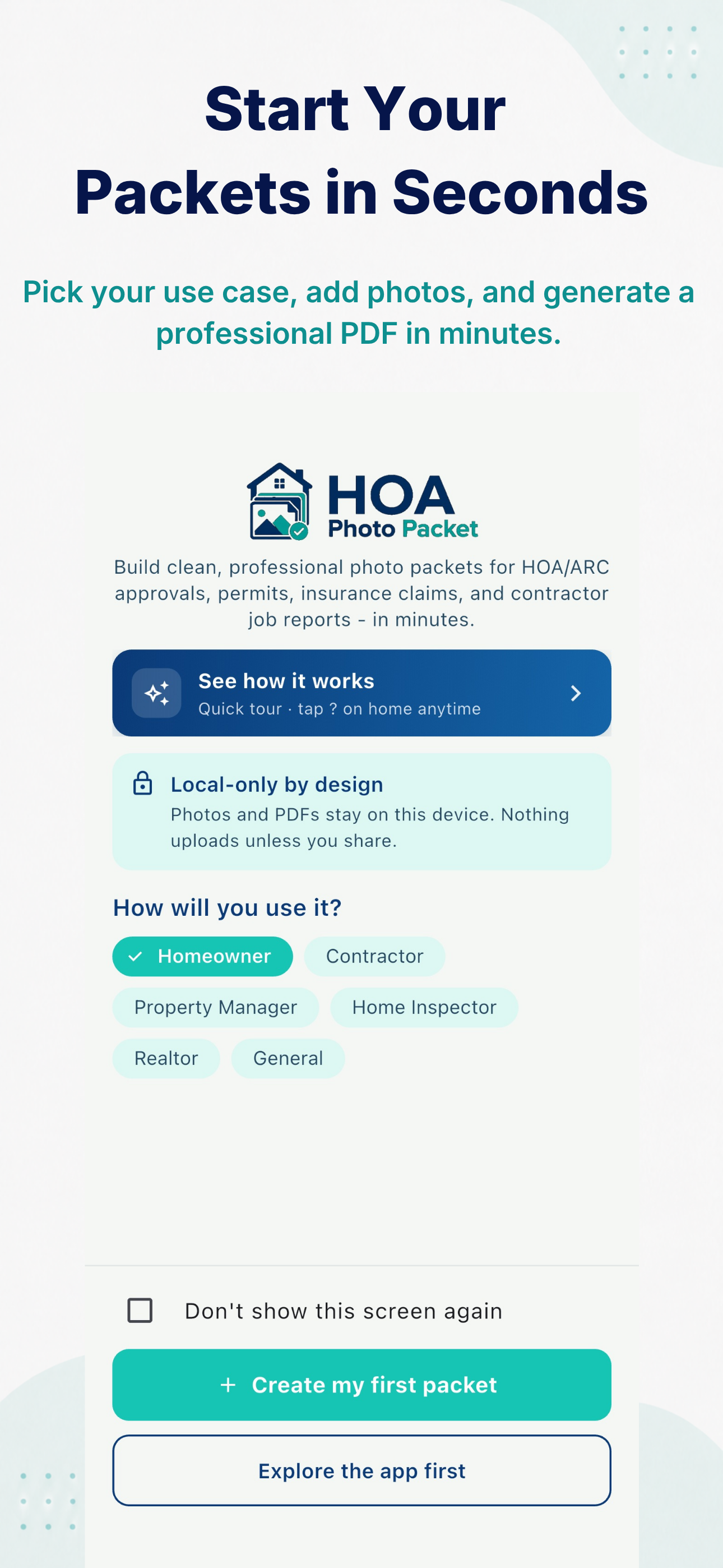 HOA Photo Packet onboarding for homeowners and contractors