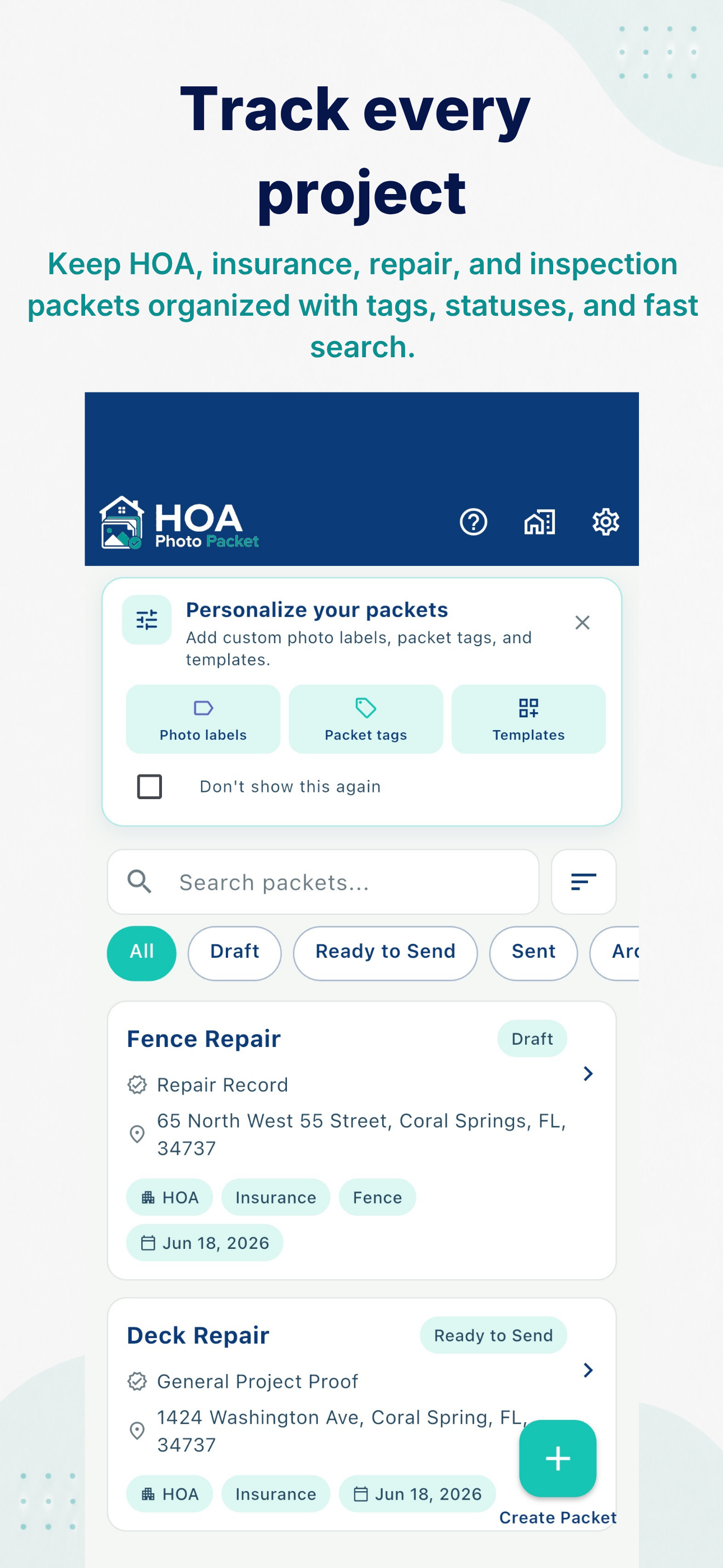 Photo packet dashboard with project search and status filters