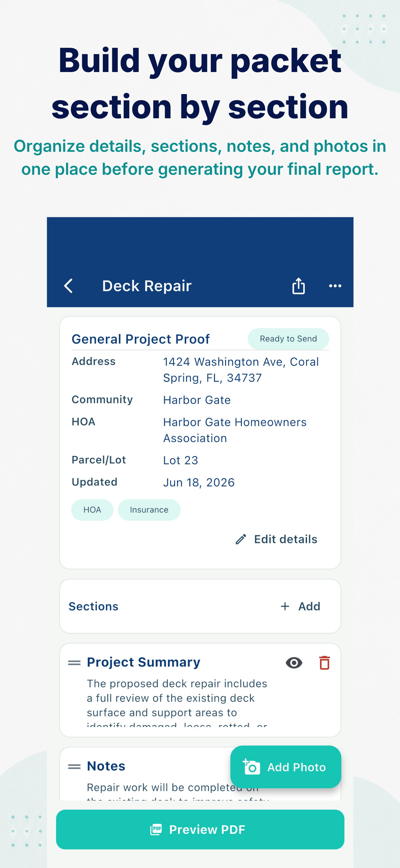 Contractor job report packet with section notes and photos