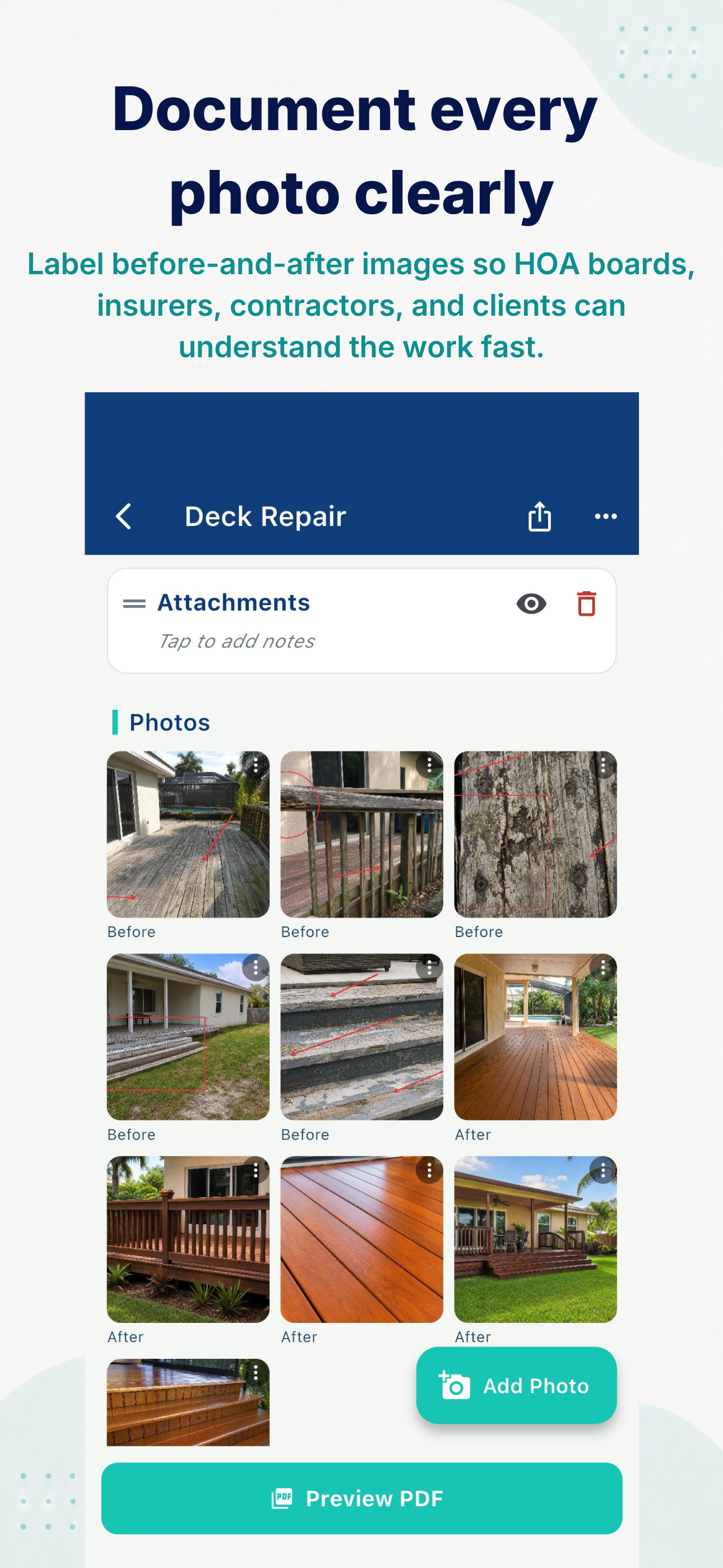 Contractor before after PDF report photo attachments