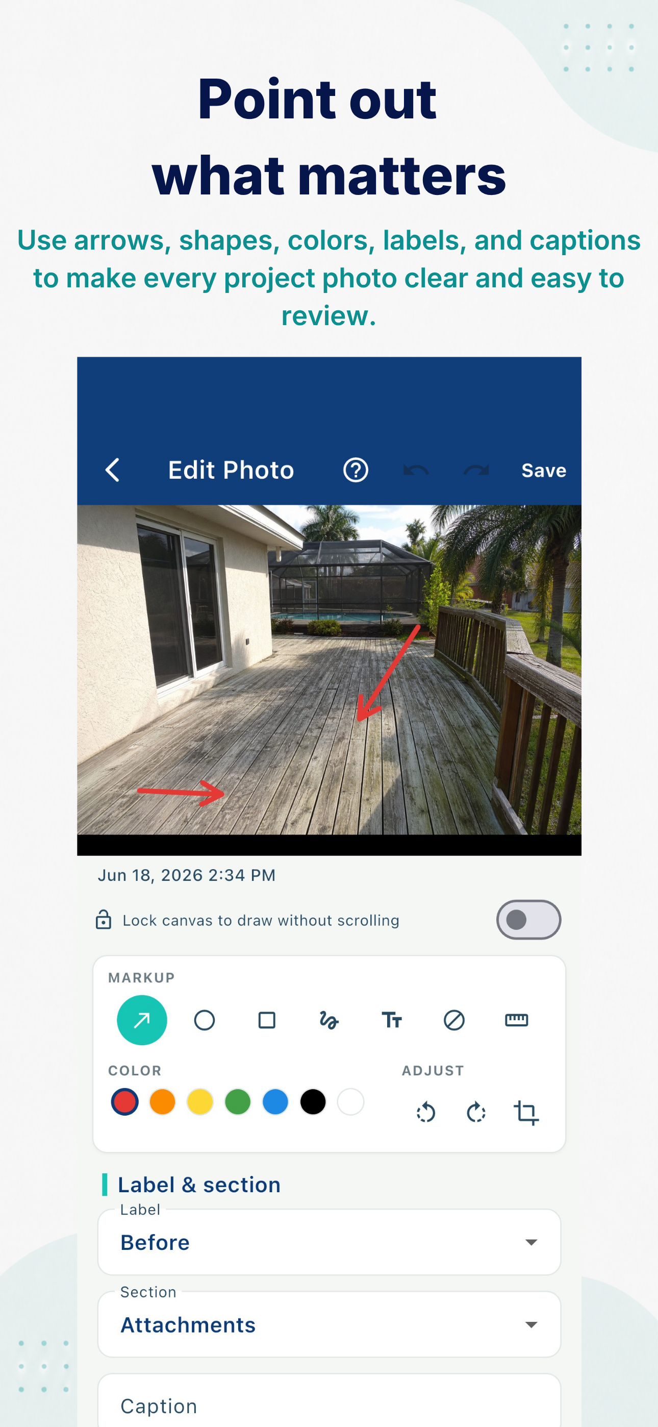Photo markup editor with arrows, shapes, and labels
