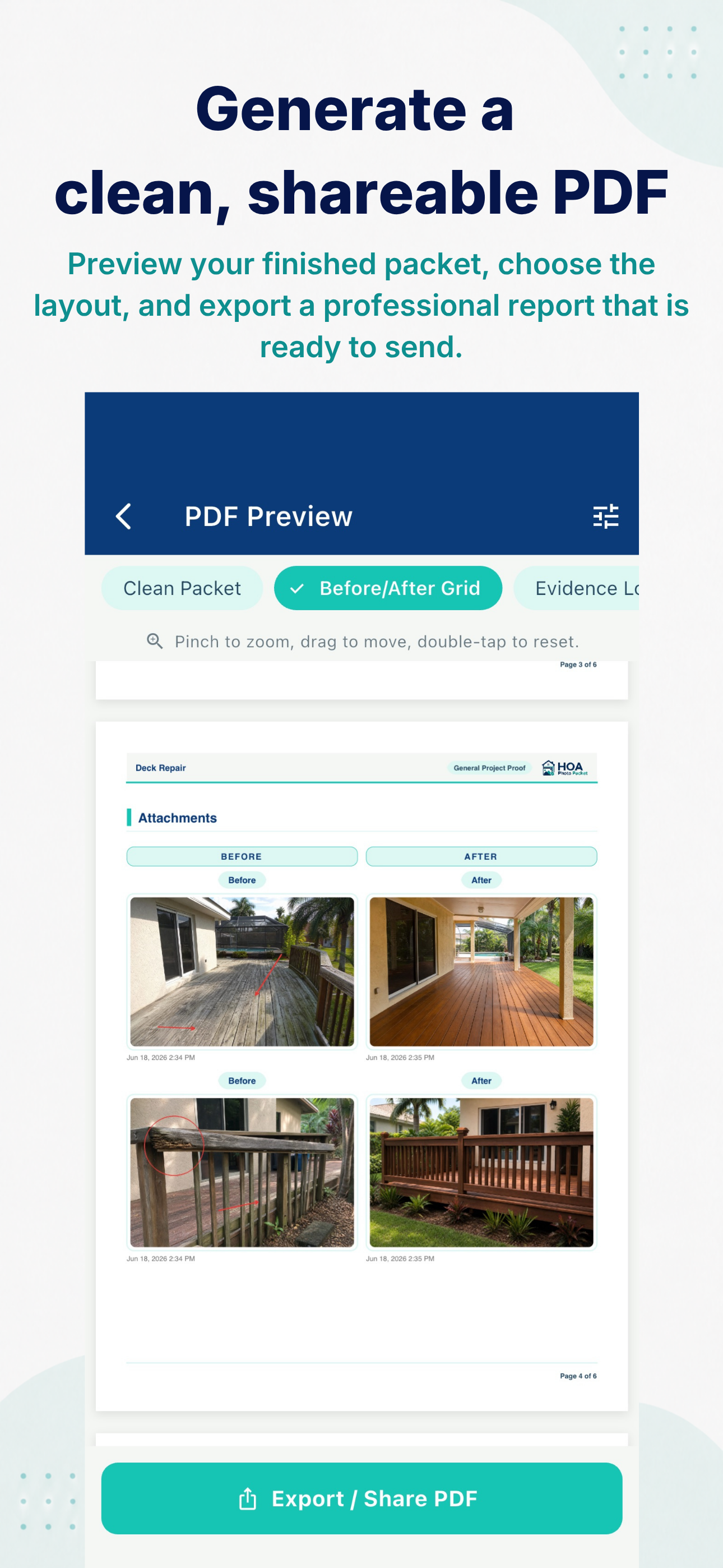 Before after PDF report preview with labeled project photos